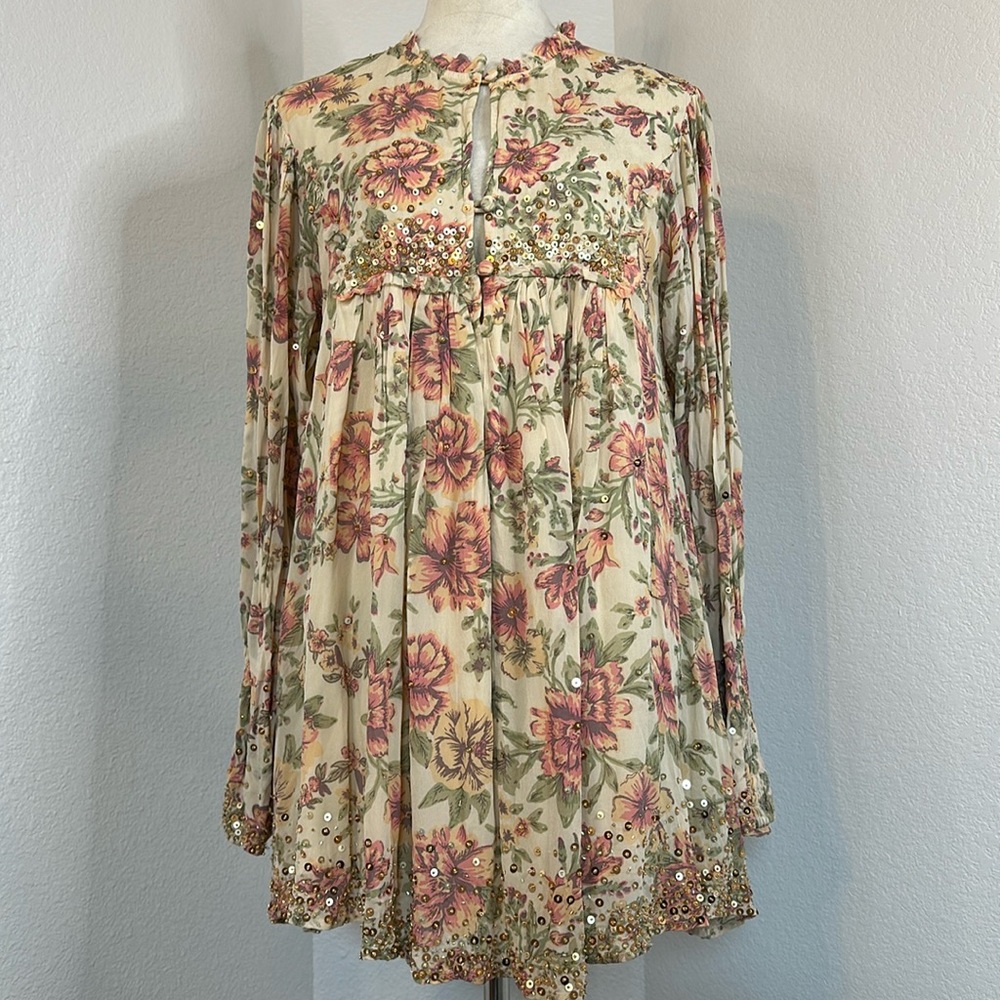 Free People  Hand Beaded Bali Golden Sun Printed Mini Dress SIZE SMALL NWT - Picture 4 of 16